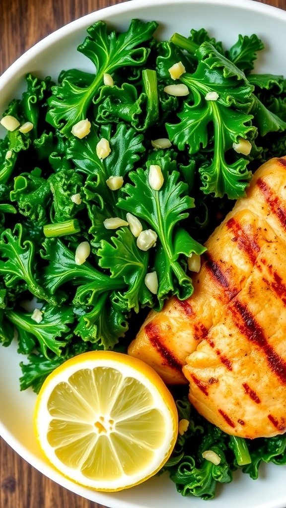 Sautéed Kale Greens Recipe Sautéed kale greens with garlic on a plate, served with grilled chicken and lemon.